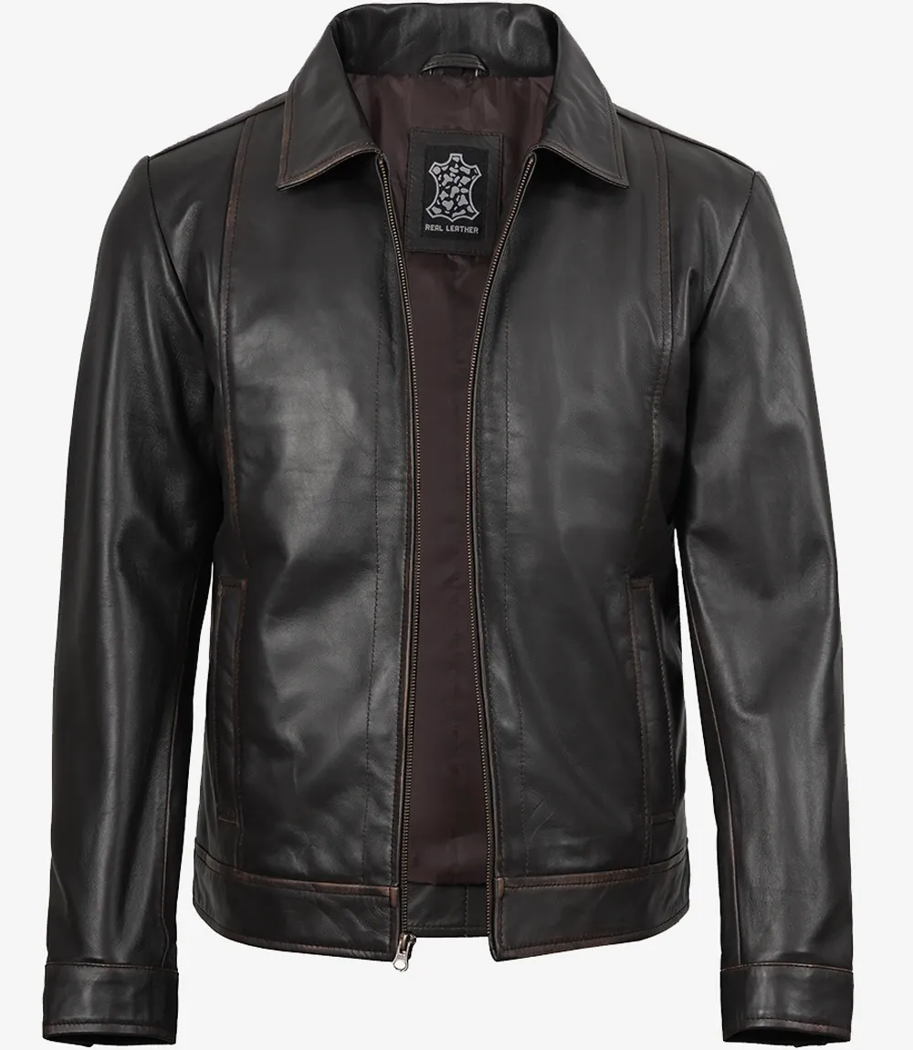 Mens Shirt Collar Classic Distressed Brown Leather Jacket Mens Shirt Collar Classic Distressed Brown Leather Jacket