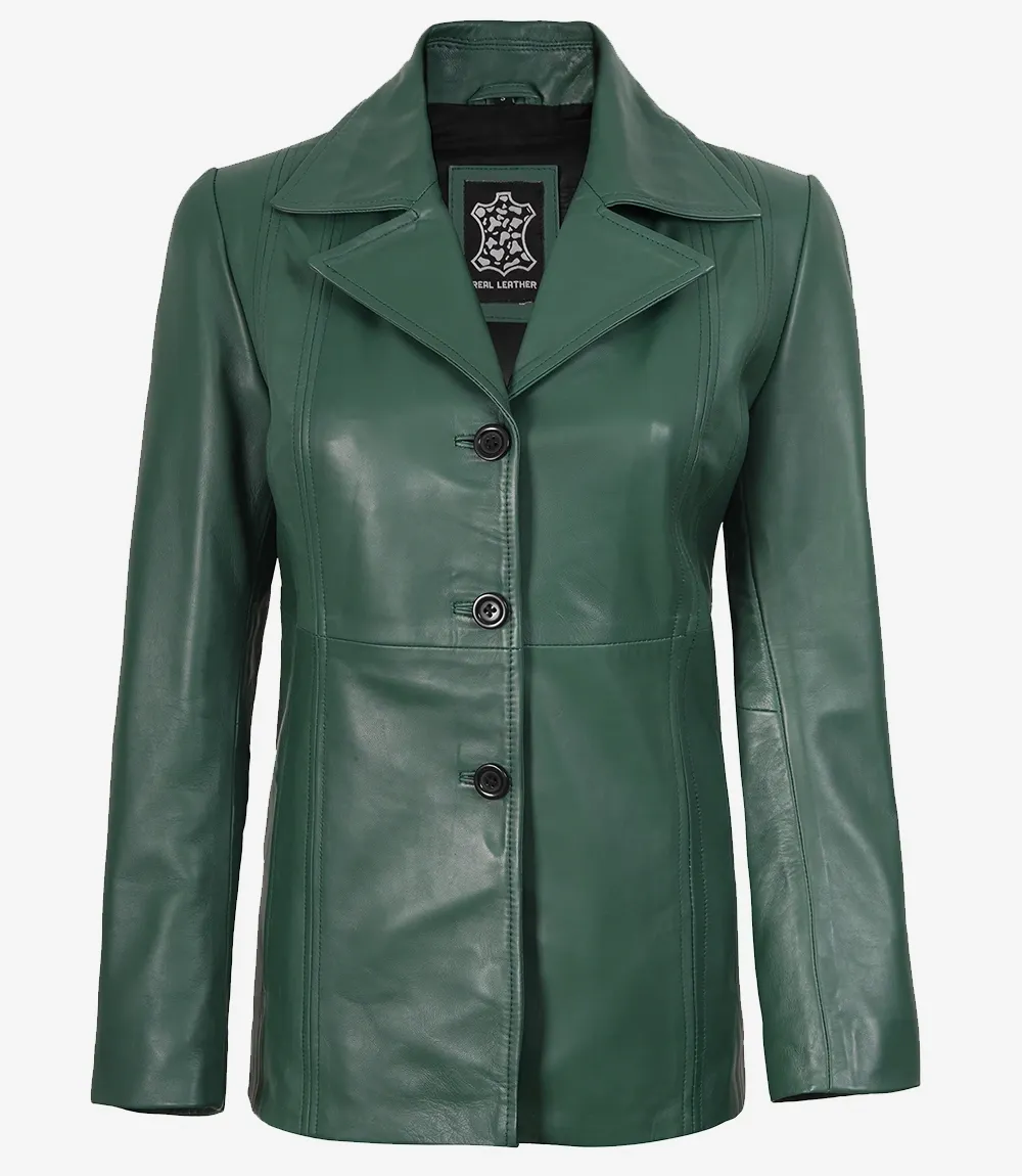 Womens Three Button Green Leather Blazer Womens Three Button Green Leather Blazer