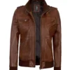 Womens Cognac Leather Bomber Jacket With Hood