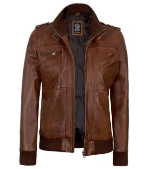 Womens Cognac Leather Bomber Jacket With Hood