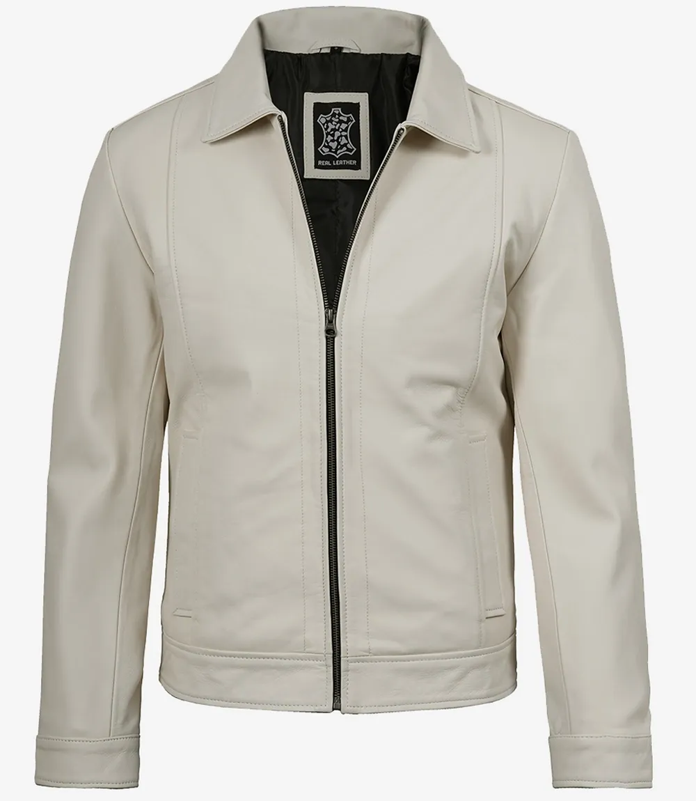 Mens Shirt Collar Off White Harrington Leather Jacket