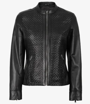Maude Black Textured Leather Jacket for Women