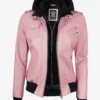 Womens Pink Hooded Bomber Leather Jacket