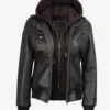 Womens Distressed Brown Hooded Bomber Leather Jacket