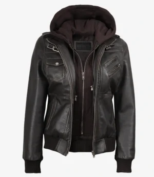 Womens Distressed Brown Hooded Bomber Leather Jacket