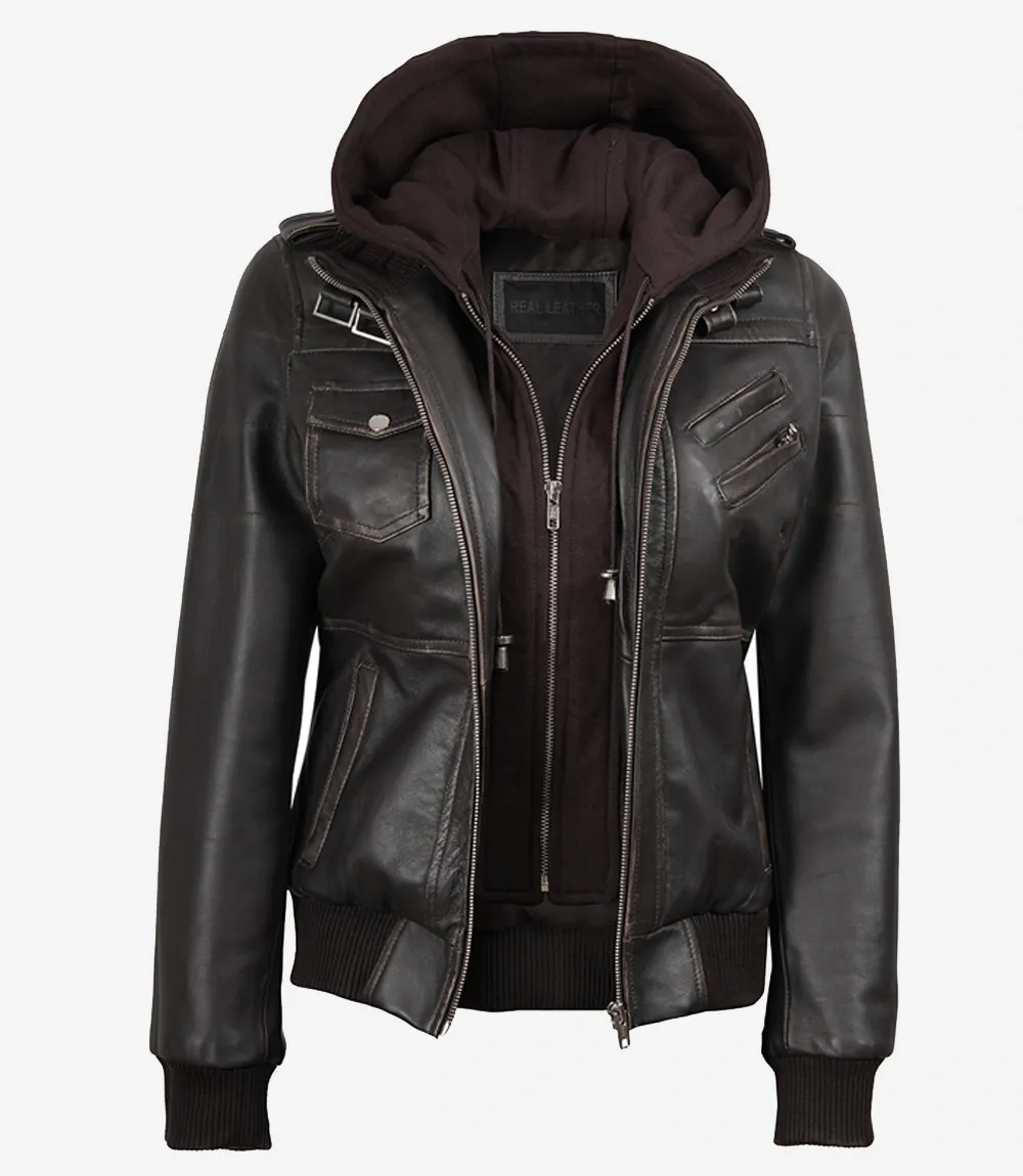 Womens Distressed Brown Hooded Bomber Leather Jacket Womens Distressed Brown Hooded Bomber Leather Jacket
