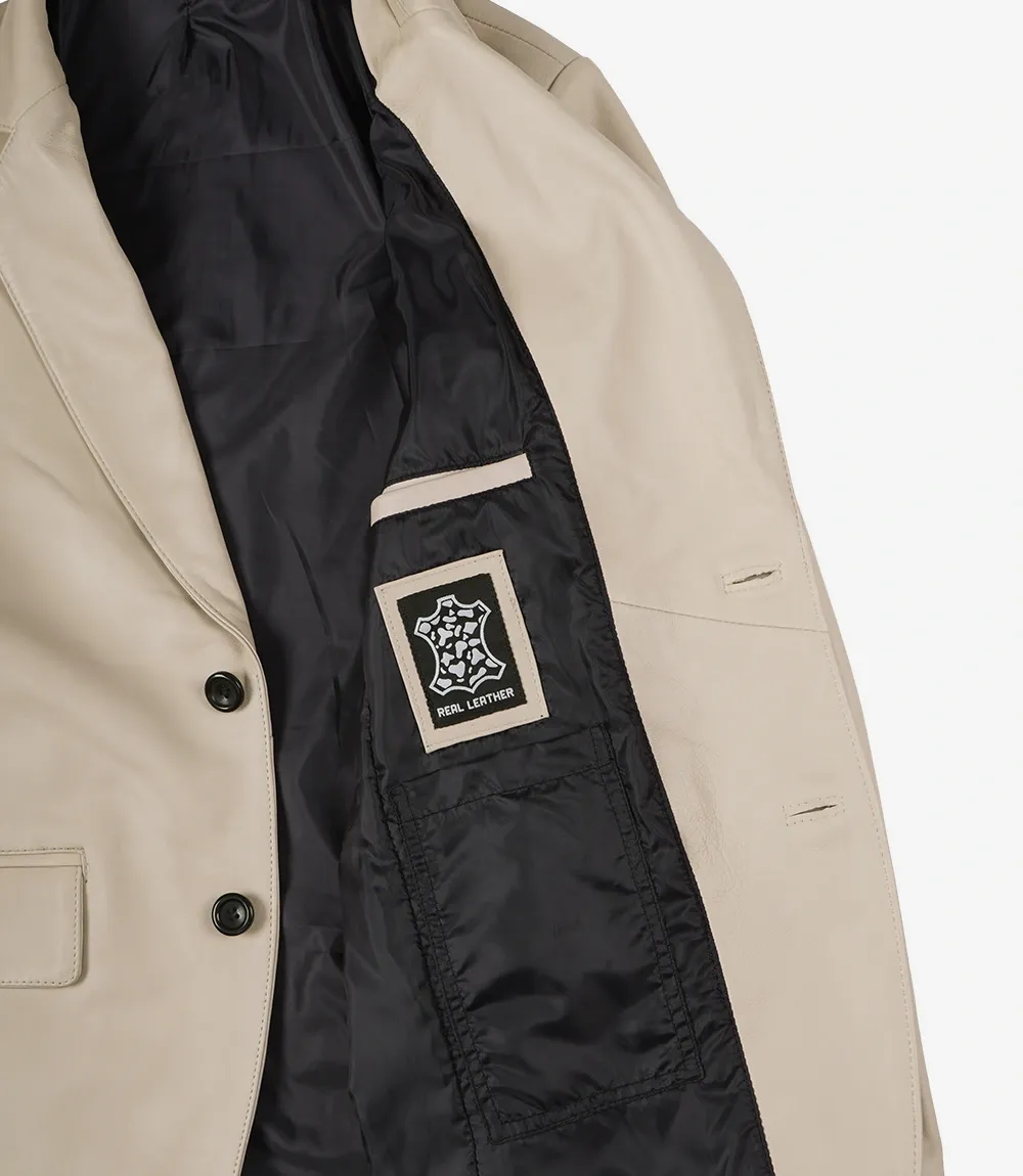 Mens Two Button Beige Leather Blazer - Notch Lapel Mens Two Button Beige Leather Blazer - Notch Lapel