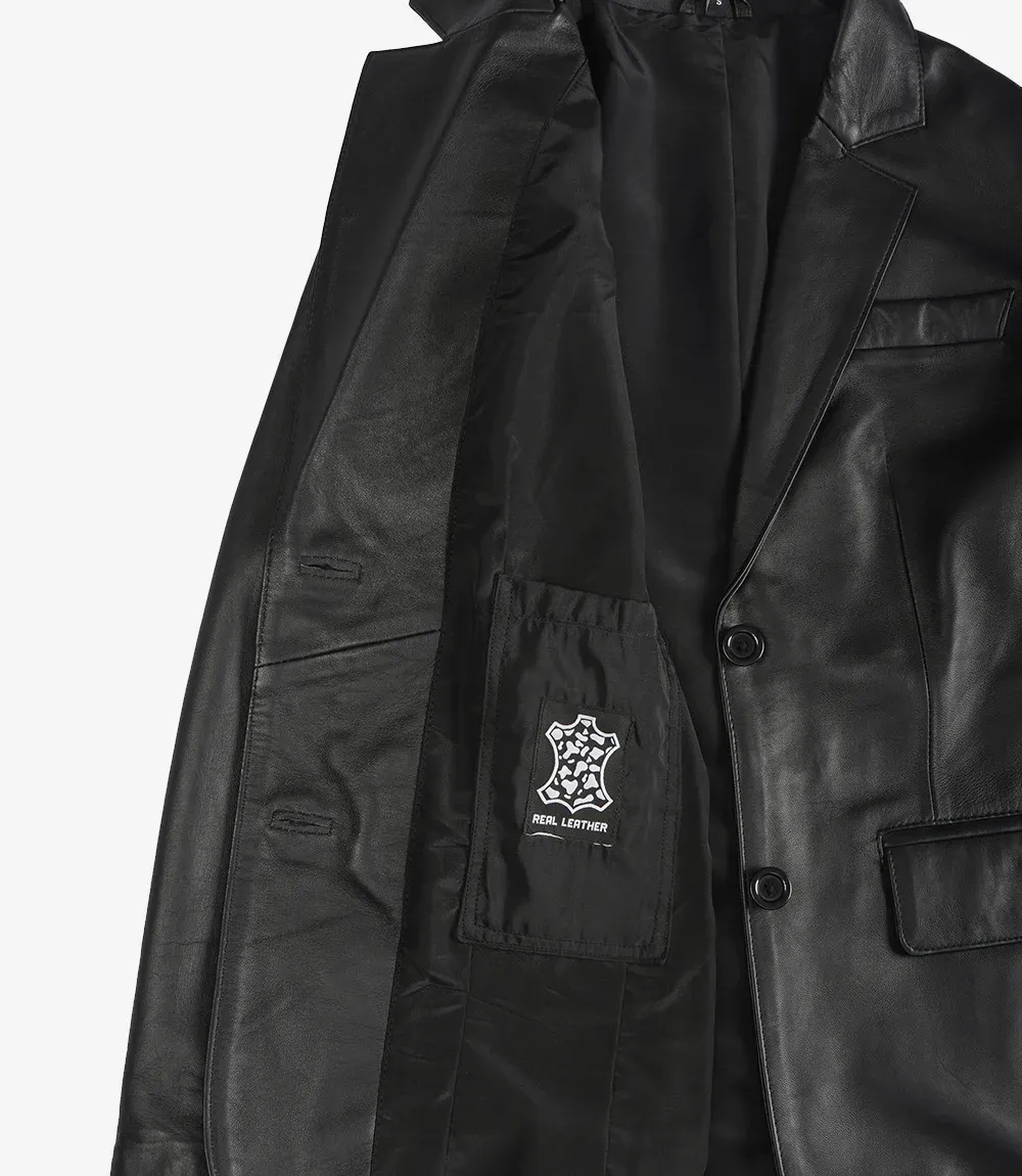 Womens Two Button Notch Lapel Black Leather Blazer Jacket Womens Two Button Notch Lapel Black Leather Blazer Jacket