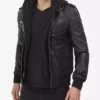 Mens Tall Black Leather Bomber Jacket with Removable Hood
