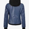 Womens Blue Bomber Leather Jacket With Hood