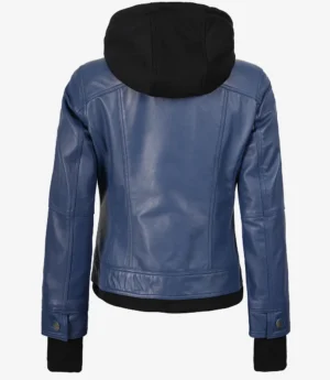 Womens Blue Bomber Leather Jacket With Hood