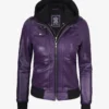 Womens Purple Bomber Leather Jacket with Removeable Hood