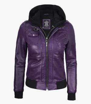 Womens Purple Bomber Leather Jacket with Removeable Hood
