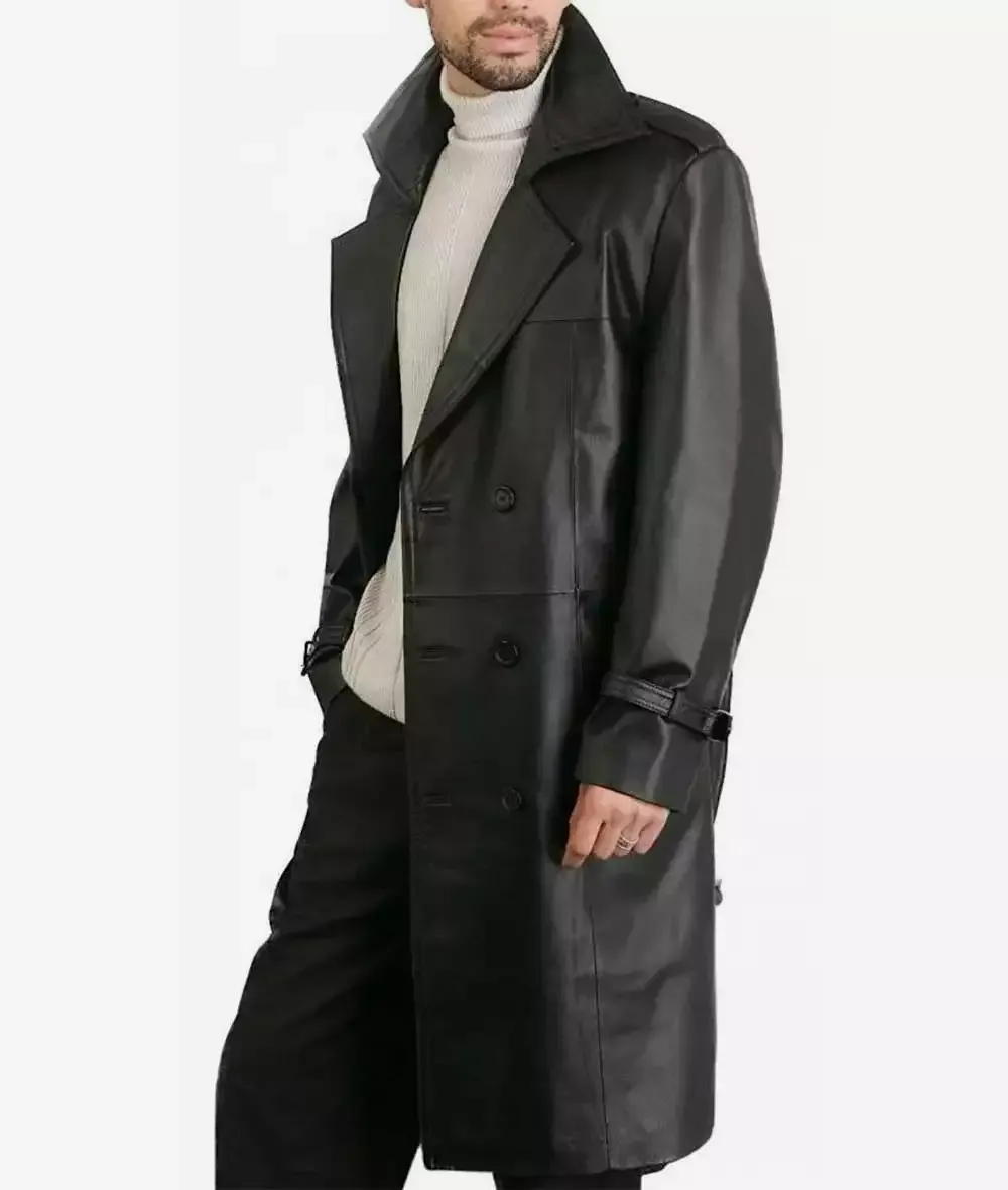 Mens Double-Breasted Black Lambskin Leather Coat - Knee Length Mens Double-Breasted Black Lambskin Leather Coat - Knee Length