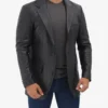 Mens Notch Lapel 2 Buttons Black Lambskin Leather Blazer