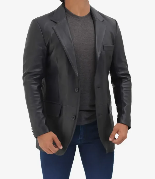 Mens Notch Lapel 2 Buttons Black Lambskin Leather Blazer