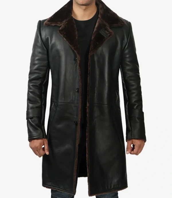 Men's 3/4 Length Black Leather Shearling Coat