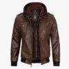 Men's Dark Brown Bomber Leather Jacket with Hood