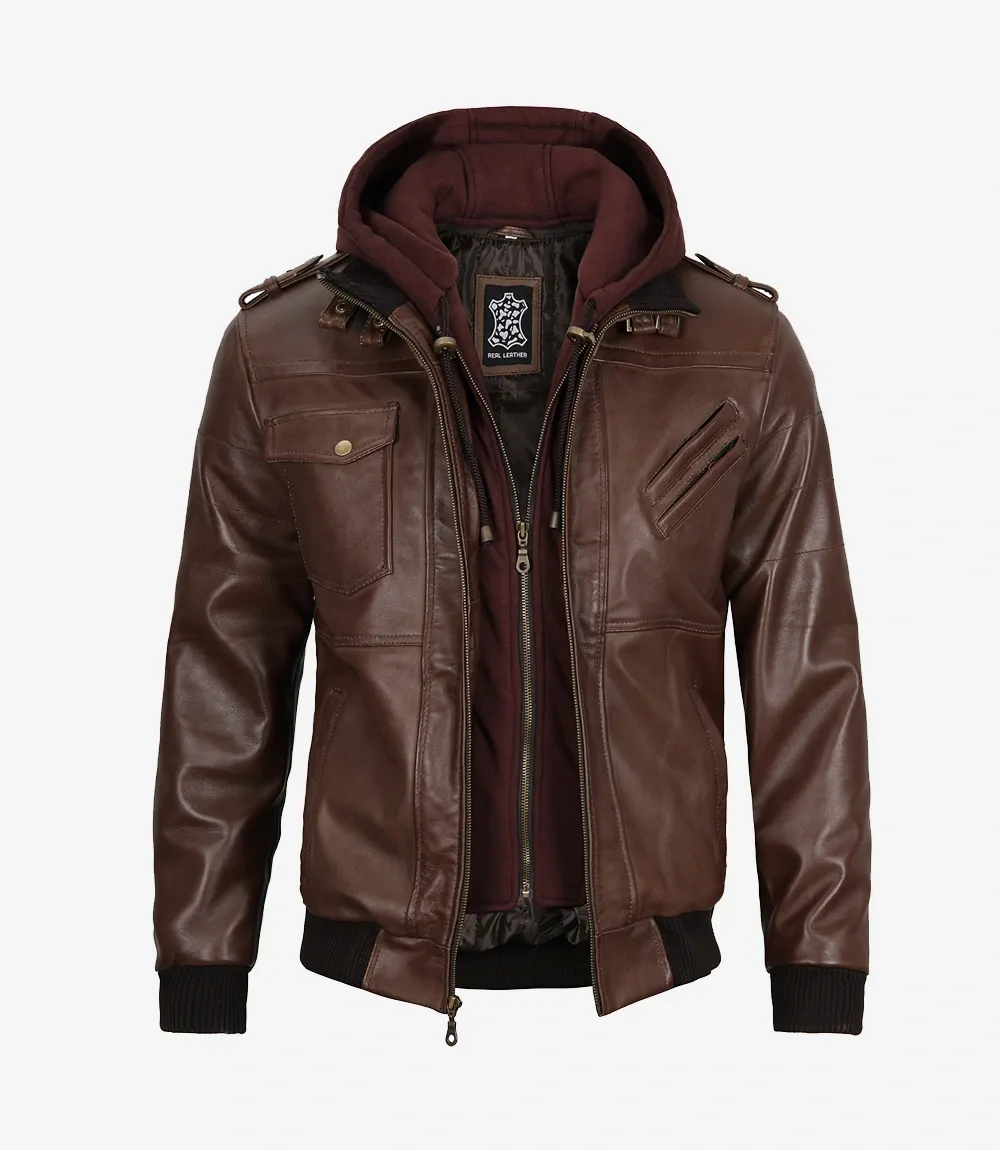 Men's Dark Brown Bomber Leather Jacket with Hood Men's Dark Brown Bomber Leather Jacket with Hood