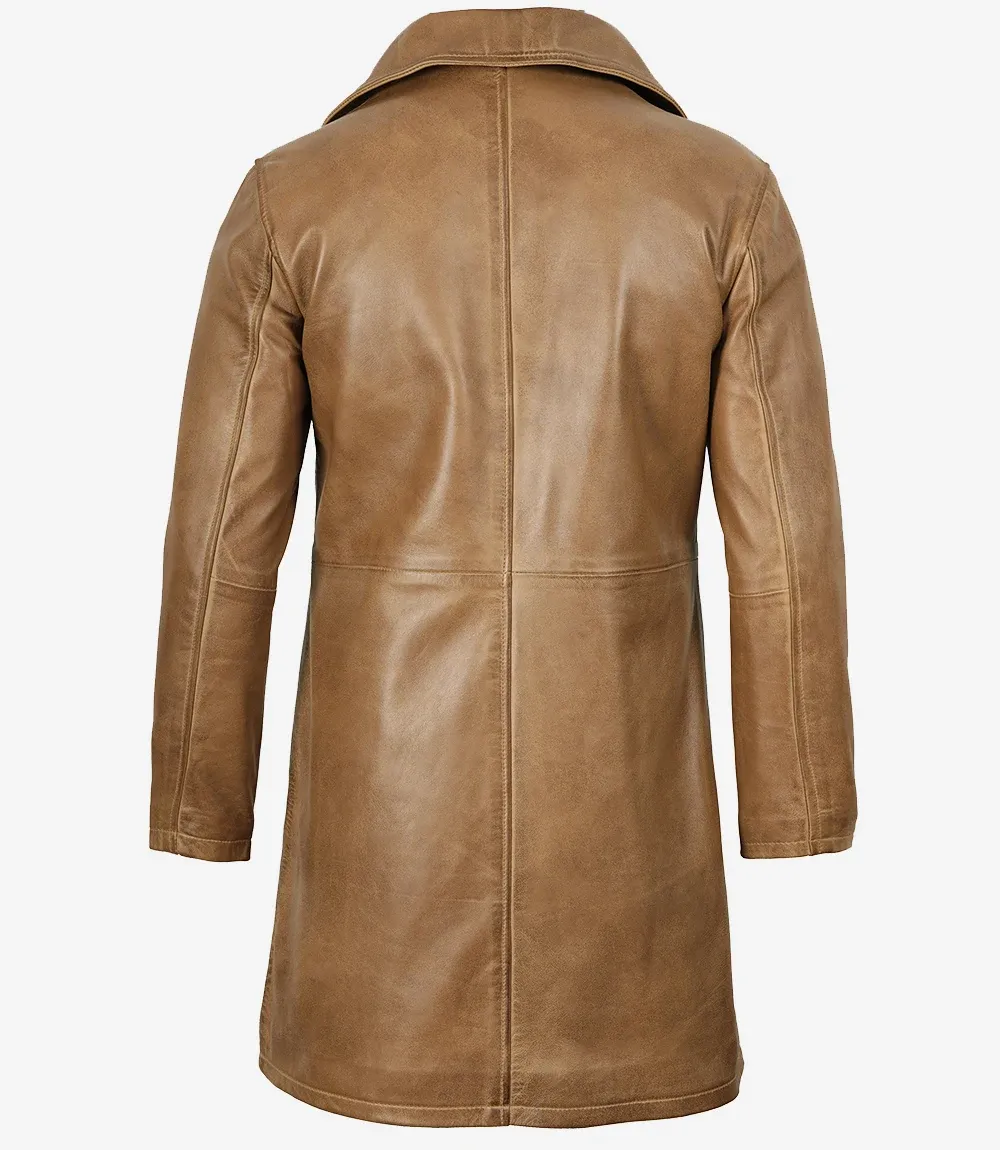 Mens Real Leather 3/4 Length Camel Brown Coat Mens Real Leather 3/4 Length Camel Brown Coat