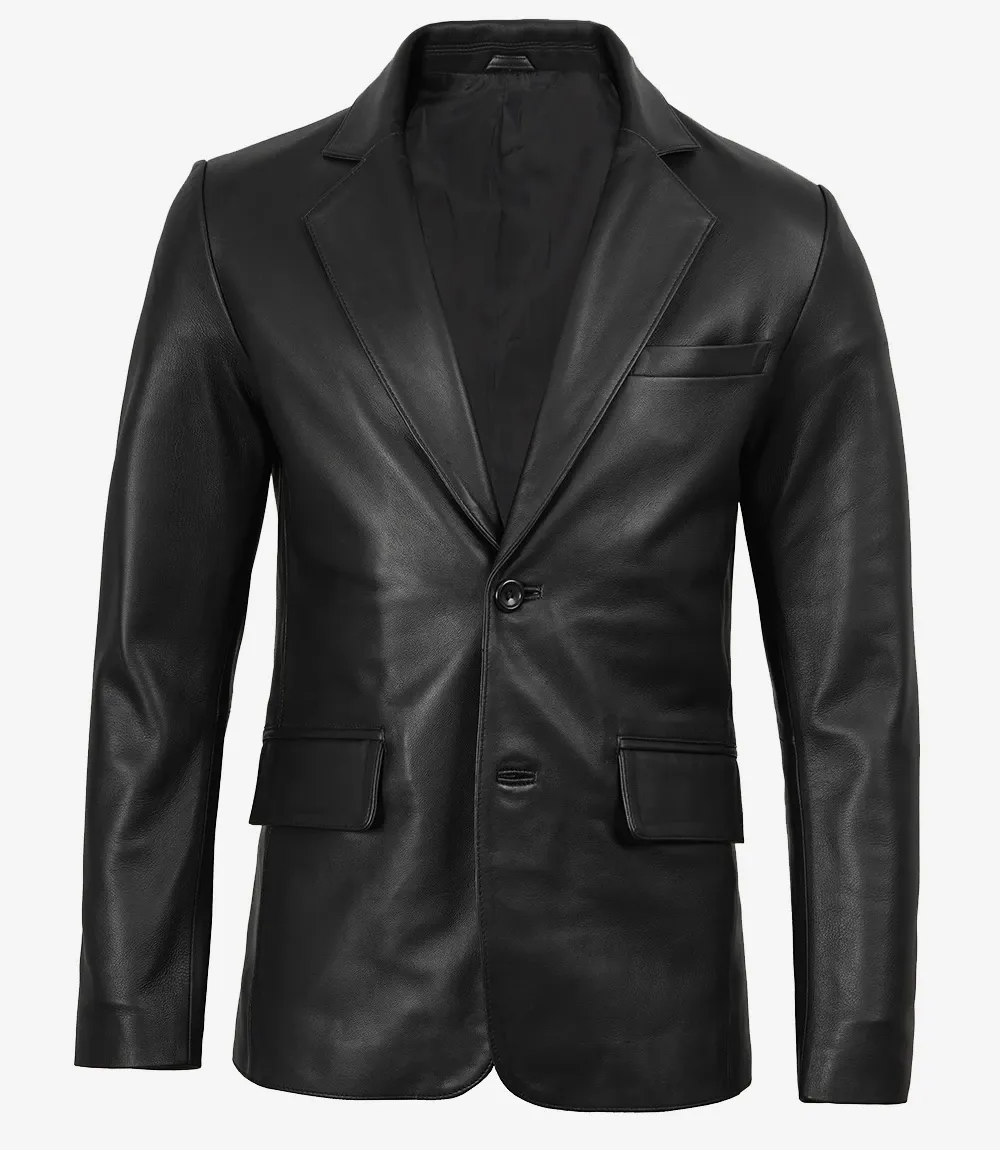 Mens Two Button Black Leather Blazer - Notch Lapel Mens Two Button Black Leather Blazer - Notch Lapel