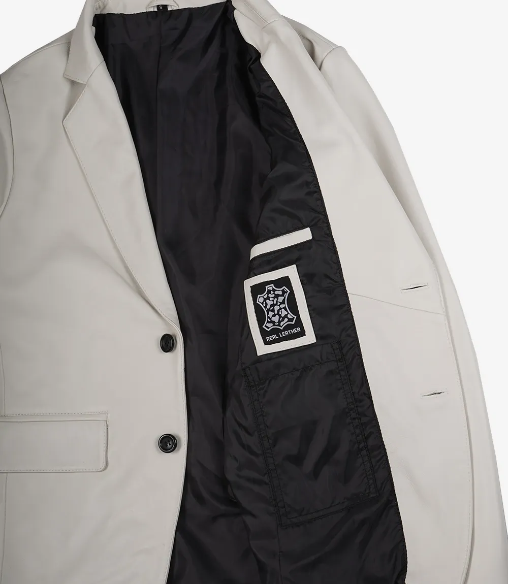Men's Two Button Notch Lapel Off White Leather Blazer Men's Two Button Notch Lapel Off White Leather Blazer