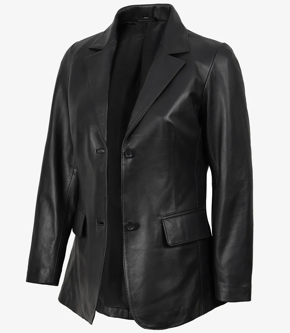 Shannon Women's Two Button Black Leather Blazer Shannon Women's Two Button Black Leather Blazer