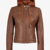 Helen Womens Cognac Leather Jacket with Removable Hood
