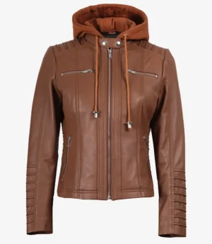Helen Womens Cognac Leather Jacket with Removable Hood