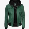 Womens Green Hooded Bomber Leather Jacket