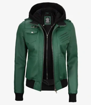Womens Green Hooded Bomber Leather Jacket