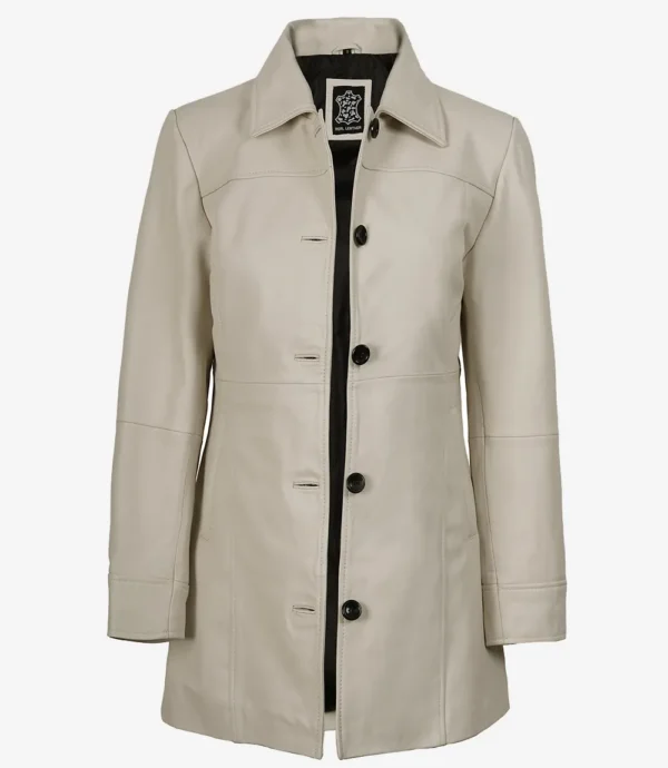 Women's Real Leather Off White 3/4 Length Coat