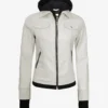 Womens Off White Bomber Leather Jacket with Removable Hood