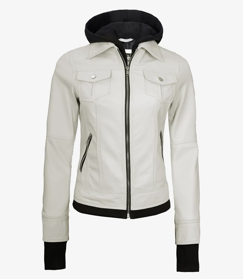 Womens Off White Bomber Leather Jacket with Removable Hood Womens Off White Bomber Leather Jacket with Removable Hood