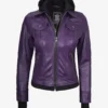 Womens Purple Bomber Leather Jacket - Removable Hood