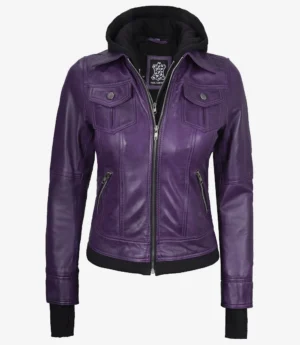 Womens Purple Bomber Leather Jacket - Removable Hood
