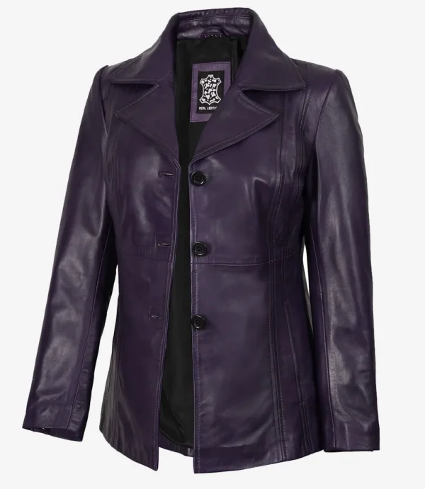 Womens Three Button Purple Leather Blazer