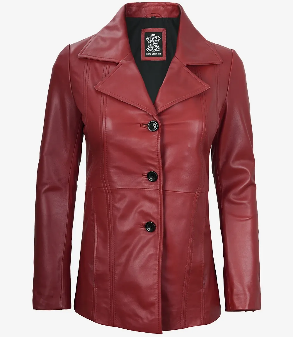 Womens Three Button Red Leather Blazer Womens Three Button Red Leather Blazer