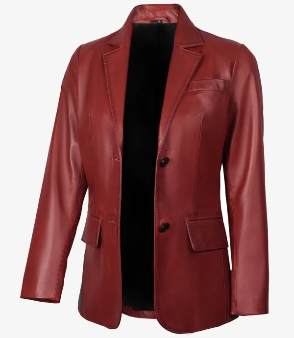Womens Two Button Red Waxed Leather Blazer