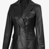 Notch Lapel Collar Double Breasted Black Leather Coat Women