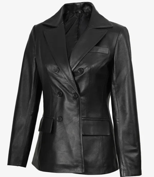 Notch Lapel Collar Double Breasted Black Leather Coat Women