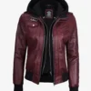 Womens Maroon Hooded Bomber Leather Jacket