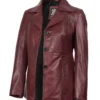 Womens Three Button Burgundy Leather Blazer