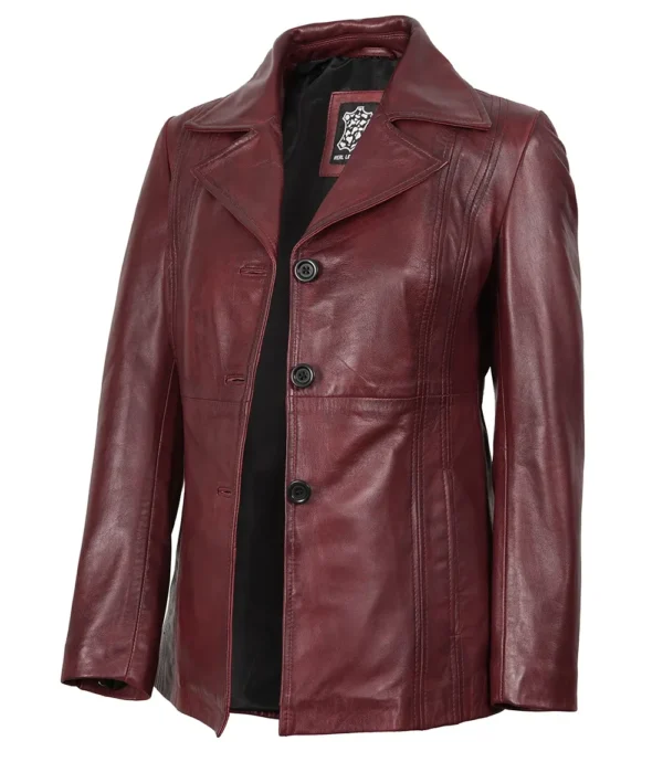 Womens Three Button Burgundy Leather Blazer