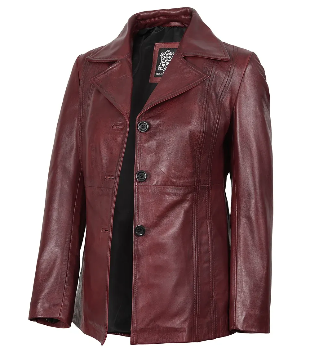 Womens Three Button Burgundy Leather Blazer Womens Three Button Burgundy Leather Blazer