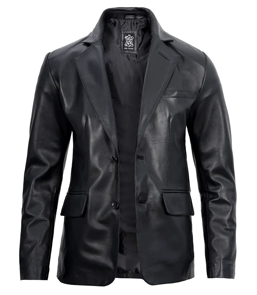 Mens Two Button Notch Lapel Black Leather Blazer Mens Two Button Notch Lapel Black Leather Blazer