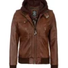 Womens Cognac Leather Bomber Jacket With Hood