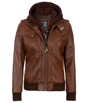 Womens Cognac Leather Bomber Jacket With Hood