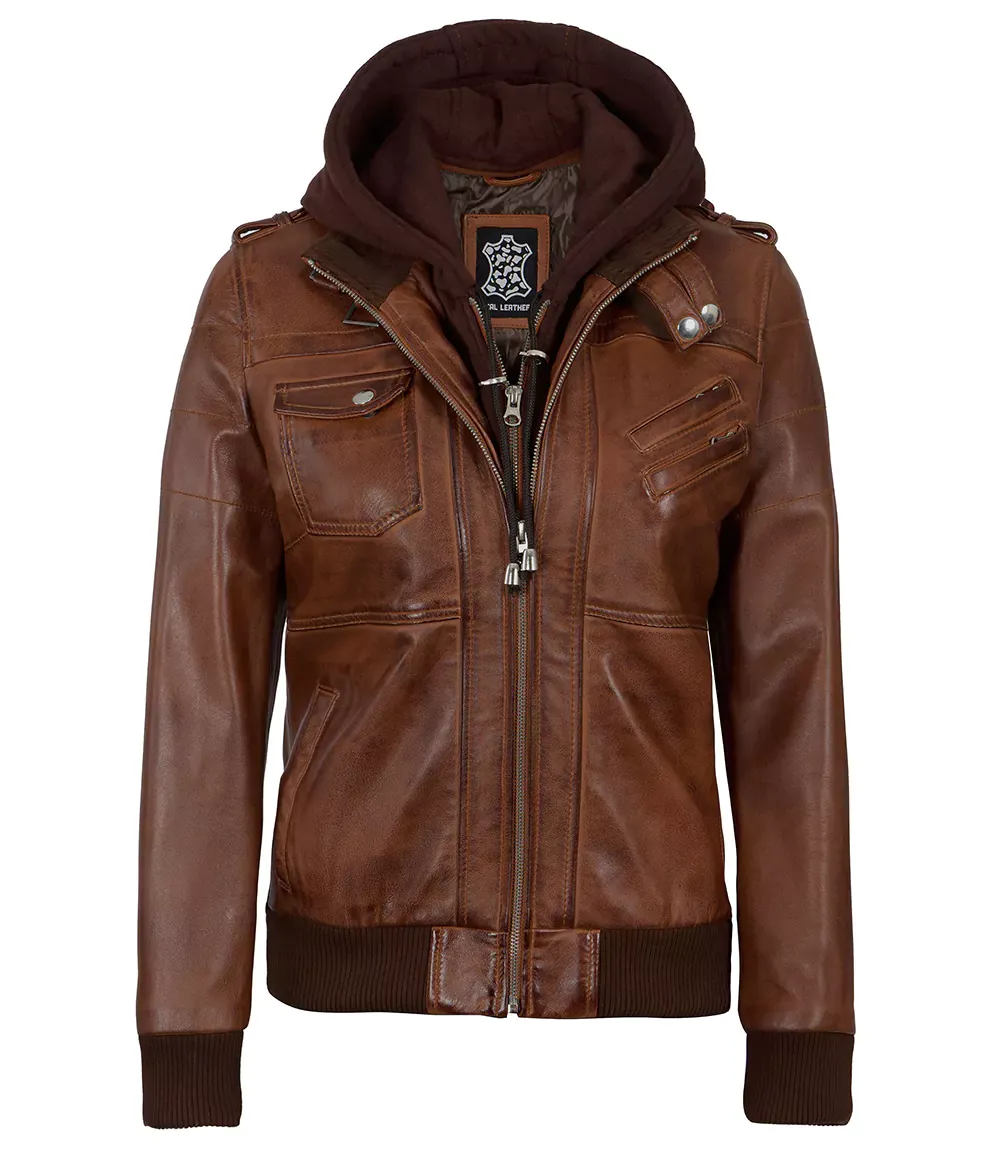 Womens Cognac Leather Bomber Jacket With Hood Womens Cognac Leather Bomber Jacket With Hood