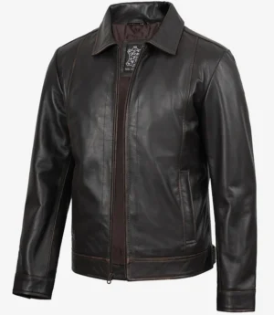 Mens Shirt Collar Classic Distressed Brown Leather Jacket